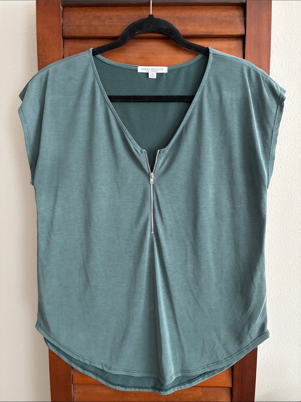 Green Envelope Blue Green Zip V-Neck Top